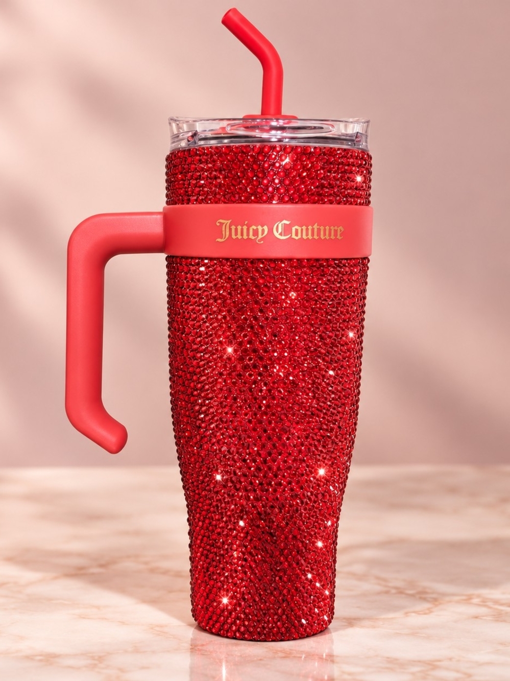 Juicy Couture Red Rhinestone Bling 40oz Tumbler Handle Straw Y2K Glam